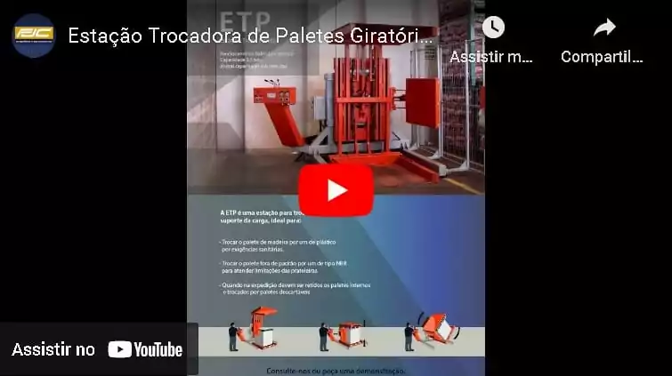 Estação Trocadora de Paletes Giratória é uma estação para troca do suporte da carga, ideal para: Trocar o palete de madeira por um de plástico por exigências sanitárias. Trocar o palete fora de padrão por um de tipo NBR para atender limitações das prateleiras. Quando na expedição devem ser retidos os paletes internos e trocados por paletes descartáveis.